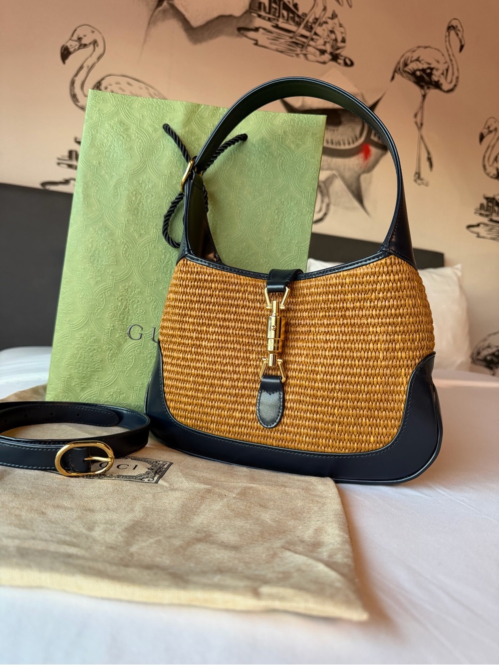Gucci Jackie 1961 Raffia + Navy Shoulder Bag